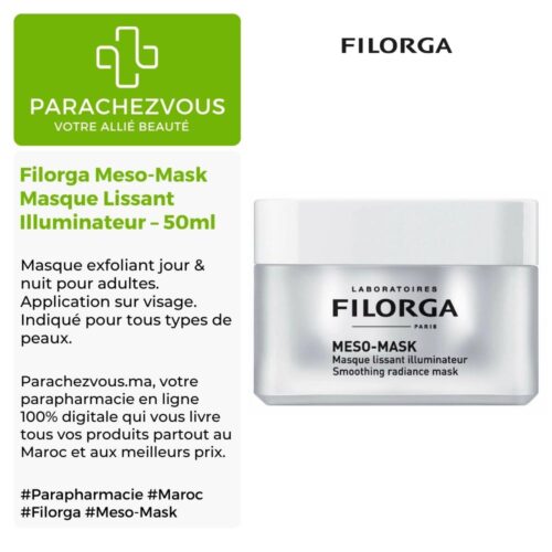 Produit de la marque filorga meso-mask masque lissant illuminateur - 50ml sur un fond blanc, vert et gris avec un logo parachezvous et celui de la marque filorga ainsi qu'une description qui détail les informations du produit