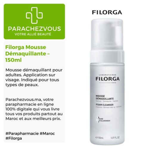 Produit de la marque Filorga Mousse Démaquillante - 150ml sur un fond blanc, vert et gris avec un logo Parachezvous et celui de la marque Filorga ainsi qu'une description qui détail les informations du produit