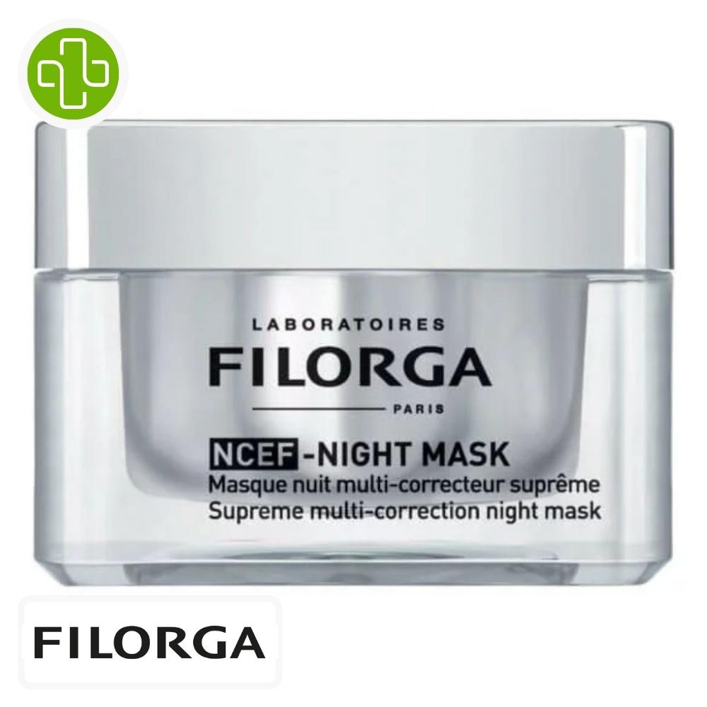 Produit de la marque filorga ncef-night mask masque nuit multi-correcteur suprême - 50ml sur un fond blanc avec un logo parachezvous et celui de de la marque filorga