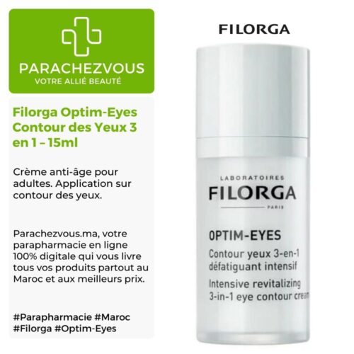 Produit de la marque Filorga Optim-Eyes Contour des Yeux 3 en 1 - 15ml sur un fond blanc, vert et gris avec un logo Parachezvous et celui de la marque Filorga ainsi qu'une description qui détail les informations du produit