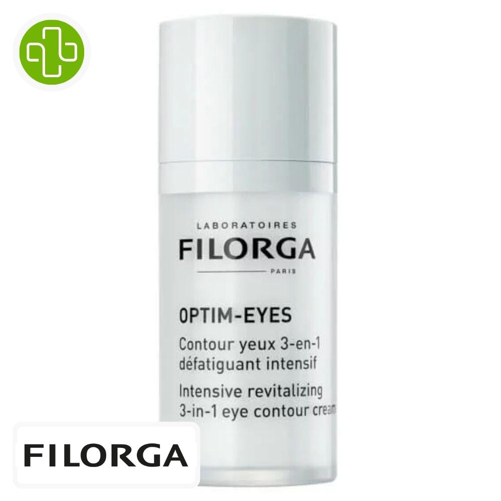 Produit de la marque filorga optim-eyes contour des yeux 3 en 1 - 15ml sur un fond blanc avec un logo parachezvous et celui de de la marque filorga