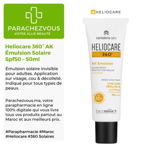 Produit de la marque Heliocare 360° AK Émulsion Solaire Spf50 - 50ml sur un fond blanc, vert et gris avec un logo Parachezvous et celui de la marque Heliocare ainsi qu'une description qui détail les informations du produit
