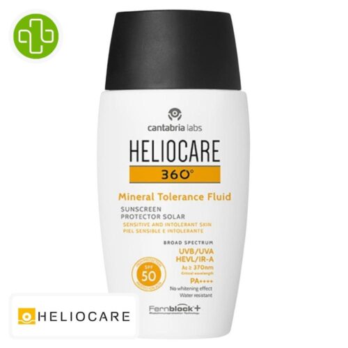 Produit de la marque Heliocare 360° Tolérance Fluide Solaire Minéral Spf50 - 50ml sur un fond blanc avec un logo Parachezvous et celui de de la marque Heliocare
