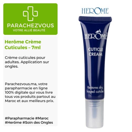 Produit de la marque Herôme Crème Cuticules - 7ml sur un fond blanc, vert et gris avec un logo Parachezvous et celui de la marque Herôme ainsi qu'une description qui détail les informations du produit
