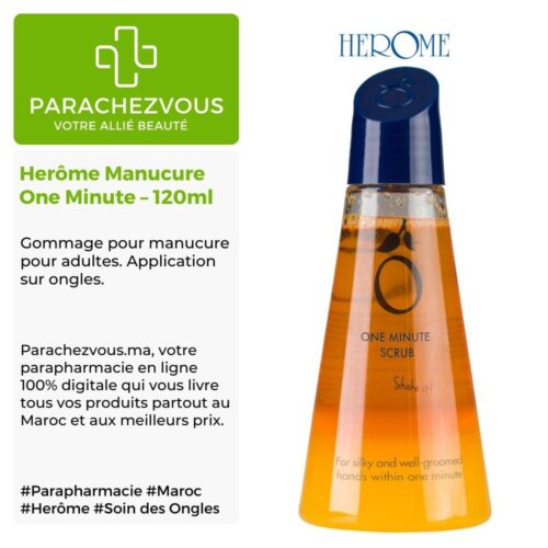 Produit de la marque Herôme Manucure One Minute - 120ml sur un fond blanc, vert et gris avec un logo Parachezvous et celui de la marque Herôme ainsi qu'une description qui détail les informations du produit