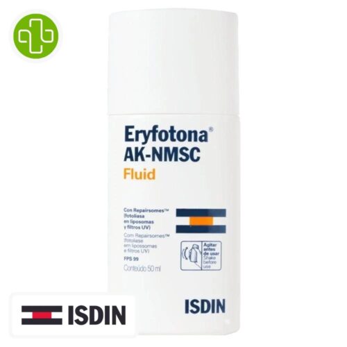 Produit de la marque Isdin Eryfotona Solaire AK-NMSC Fluid Spf100 - 50ml sur un fond blanc avec un logo Parachezvous et celui de la marque ISDIN