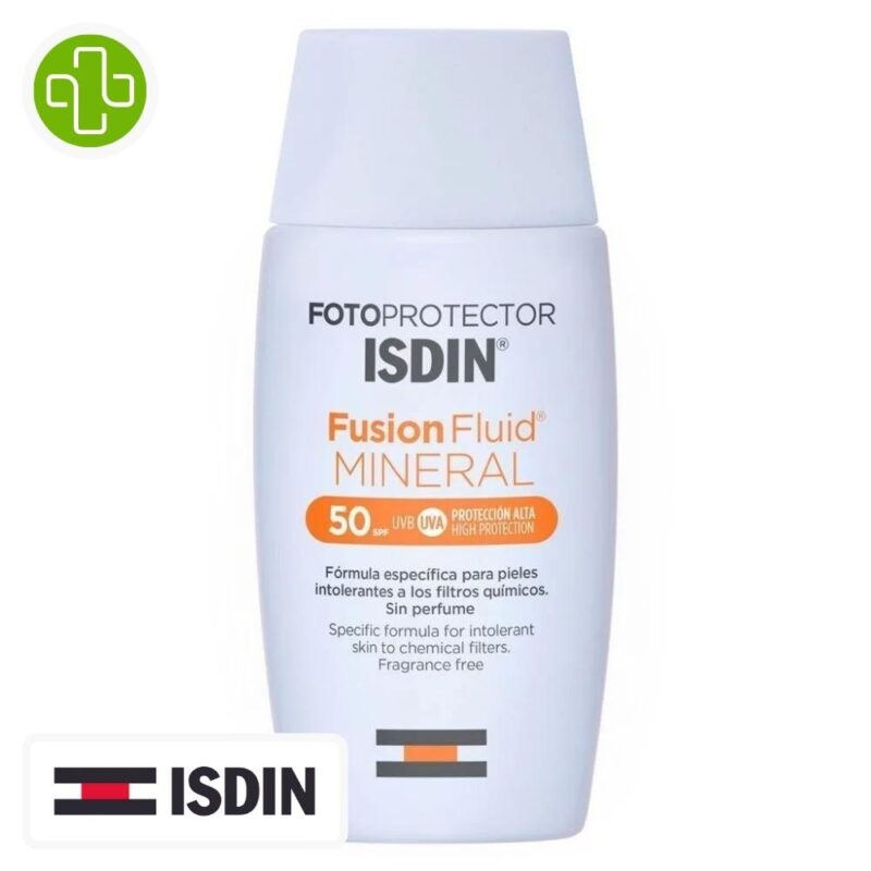 Produit de la marque isdin fotoprotector fusion fluid mineral solaire spf50 - 50ml sur un fond blanc avec un logo parachezvous et celui de la marque isdin