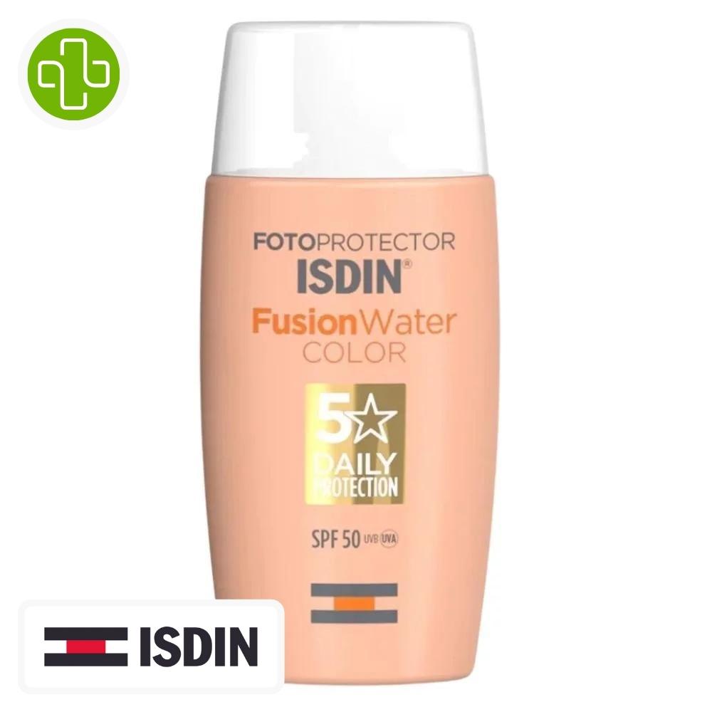 Produit de la marque isdin fotoprotector fusion water color medium solaire toucher sec teinté spf50 - 50ml sur un fond blanc avec un logo parachezvous et celui de la marque isdin