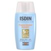 Produit de la marque Isdin Fotoprotector Fusion Water Solaire Toucher Sec Spf50 – 50ml sur un fond blanc avec un logo Parachezvous et celui de la marque ISDIN