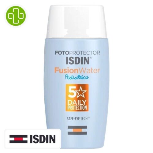 Produit de la marque Isdin Fotoprotector Fusion Water Pediatrics Solaire Toucher Sec Spf50 - 50ml sur un fond blanc avec un logo Parachezvous et celui de la marque ISDIN