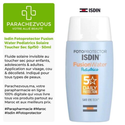 Produit de la marque Isdin Fotoprotector Fusion Water Pediatrics Solaire Toucher Sec Spf50 - 50ml sur un fond blanc, vert et gris avec un logo Parachezvous et celui de la marque ISDIN ainsi qu'une description qui détail les informations du produit