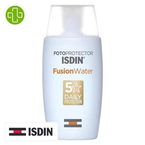 Produit de la marque Isdin Fotoprotector Fusion Water Solaire Toucher Sec Spf50 – 50ml sur un fond blanc avec un logo Parachezvous et celui de la marque ISDIN