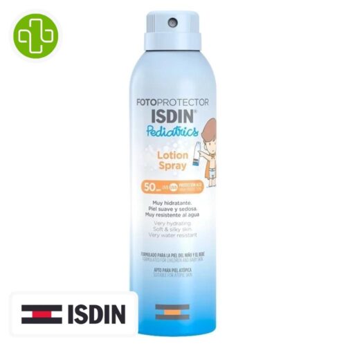 Produit de la marque Isdin Fotoprotector Lotion Spray Pediatrics Solaire Spf50 - 250ml sur un fond blanc avec un logo Parachezvous et celui de la marque ISDIN