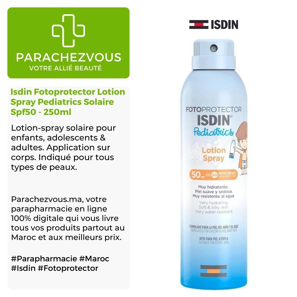 Produit de la marque isdin fotoprotector lotion spray pediatrics solaire spf50 - 250ml sur un fond blanc, vert et gris avec un logo parachezvous et celui de la marque isdin ainsi qu'une description qui détail les informations du produit
