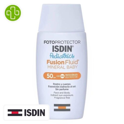 Produit de la marque Isdin Fotoprotector Mineral Baby Fusion Fluid Pediatrics Solaire Spf50 - 50ml sur un fond blanc avec un logo Parachezvous et celui de la marque ISDIN