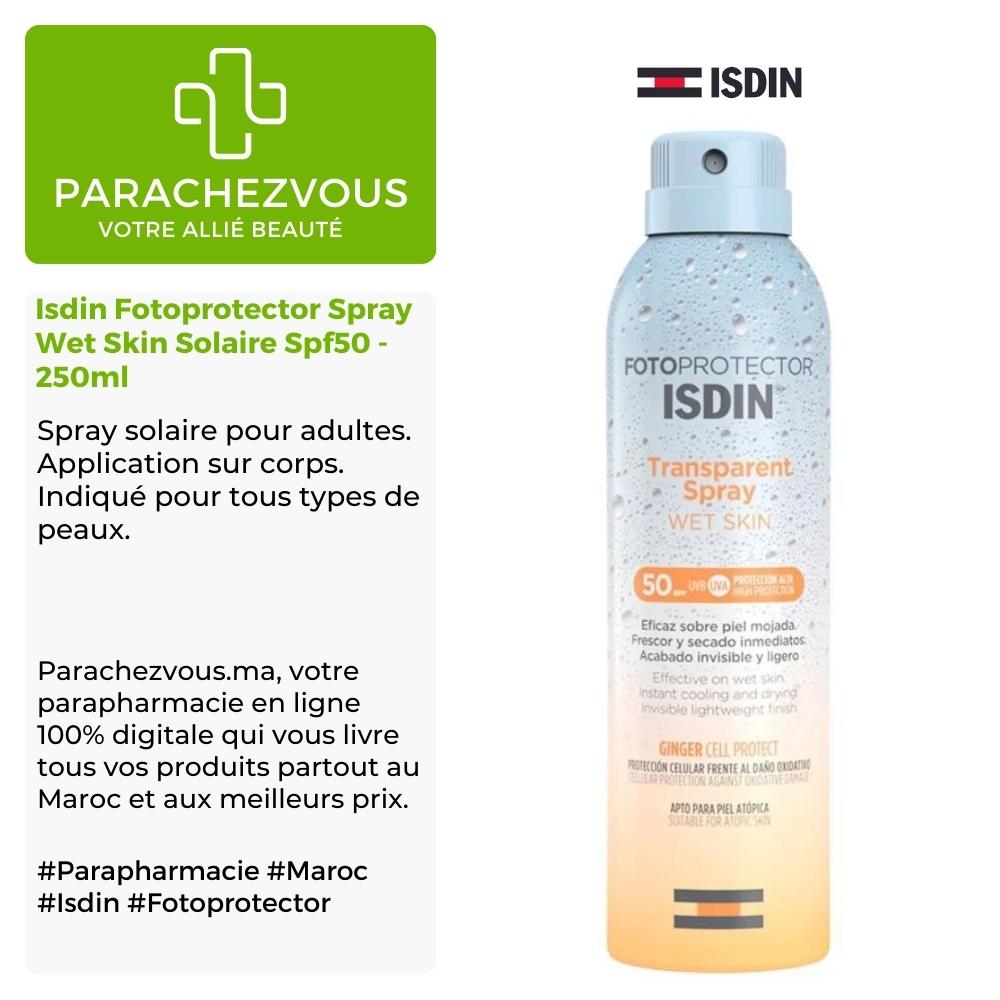 Produit de la marque isdin fotoprotector spray pediatrics wet skin solaire spf50 - 250ml sur un fond blanc, vert et gris avec un logo parachezvous et celui de la marque isdin ainsi qu'une description qui détail les informations du produit