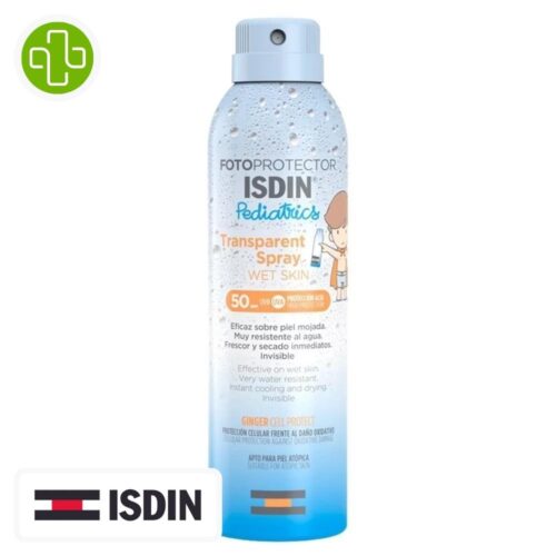 Produit de la marque Isdin Fotoprotector Spray Pediatrics Wet Skin Solaire Spf50 - 250ml sur un fond blanc avec un logo Parachezvous et celui de la marque ISDIN