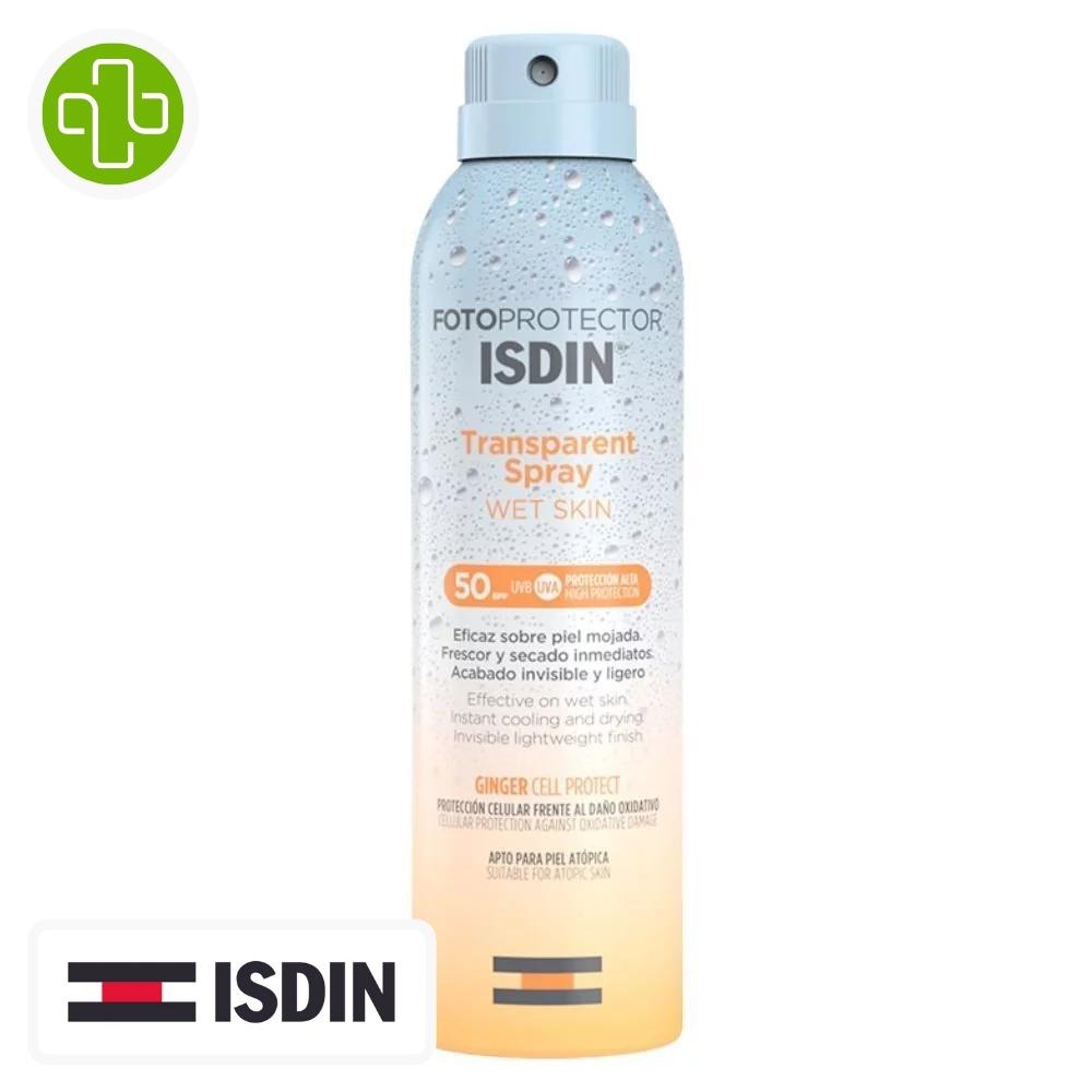 Produit de la marque isdin fotoprotector spray pediatrics wet skin solaire spf50 - 250ml sur un fond blanc avec un logo parachezvous et celui de la marque isdin