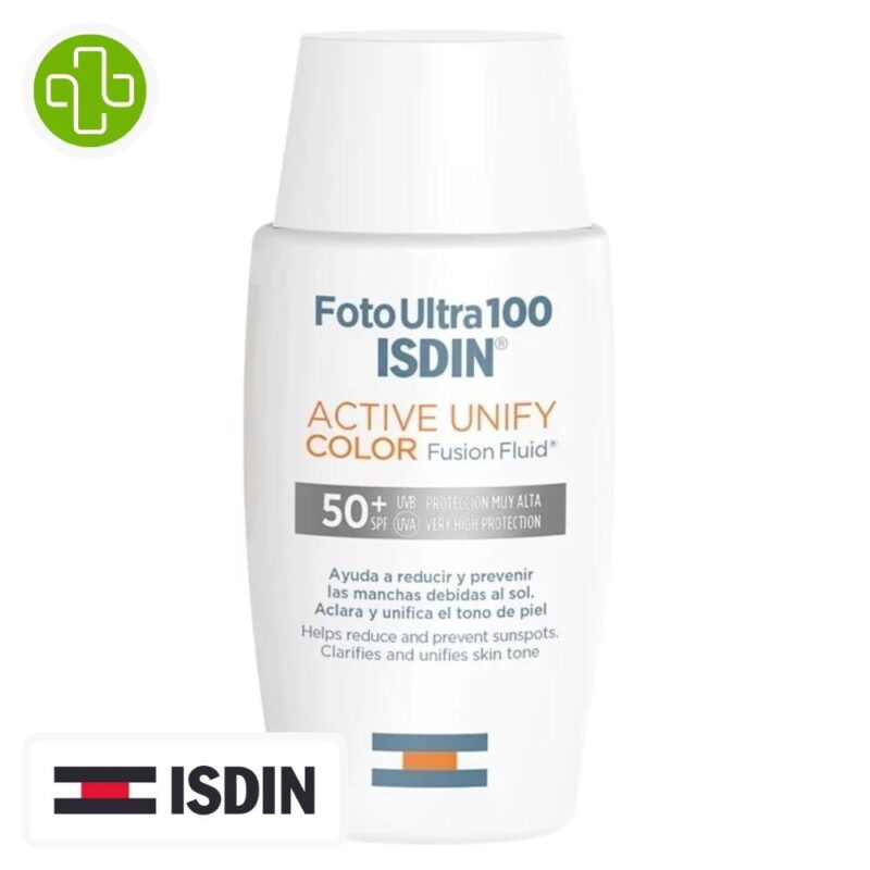 Produit de la marque isdin fotoultra 100 active unify color fusion fluid solaire anti-taches spf50 - 50ml sur un fond blanc avec un logo parachezvous et celui de la marque isdin