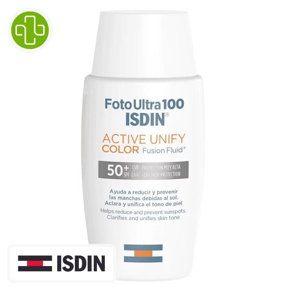 Produit de la marque isdin fotoultra 100 active unify color fusion fluid solaire anti-taches spf50 - 50ml sur un fond blanc avec un logo parachezvous et celui de la marque isdin
