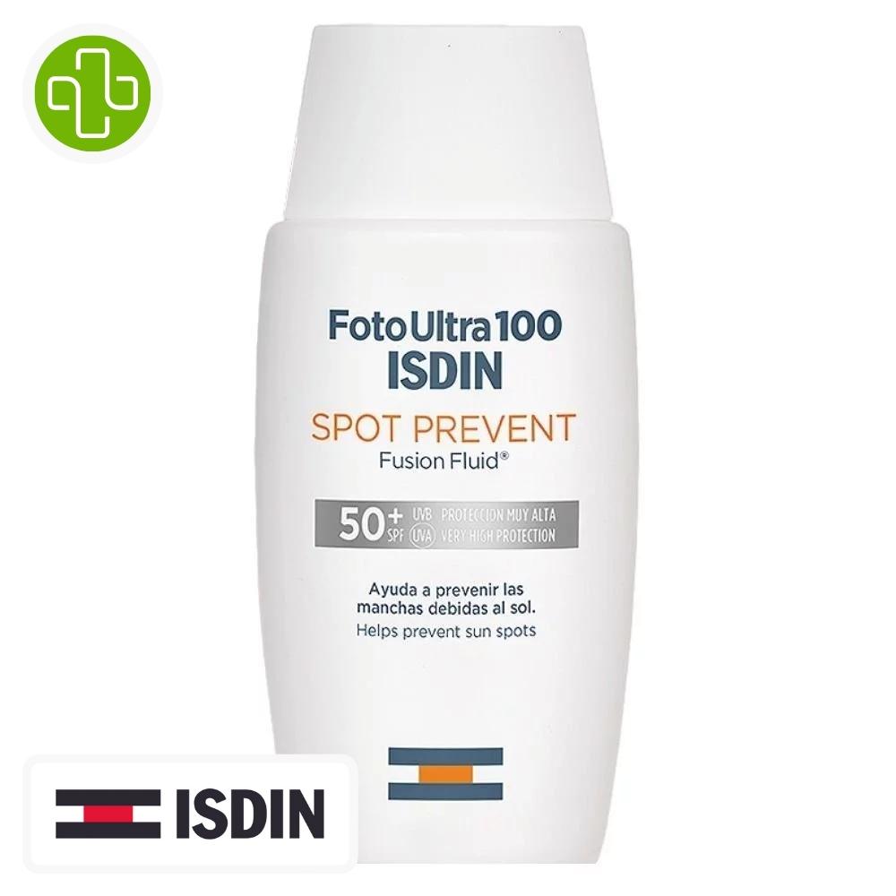 Produit de la marque isdin fotoultra 100 spot prevent fusion fluid solaire anti-taches spf50 - 50ml sur un fond blanc avec un logo parachezvous et celui de la marque isdin