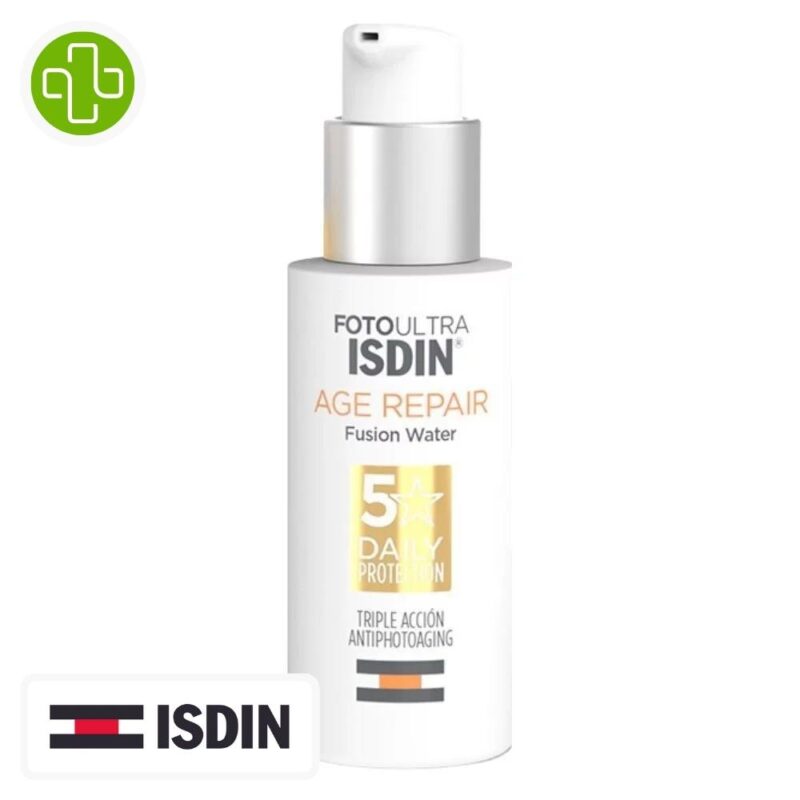 Produit de la marque isdin fotoultra age repair fusion water solaire anti-âge toucher sec spf50 - 50ml sur un fond blanc avec un logo parachezvous et celui de la marque isdin