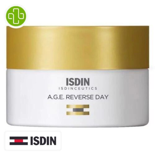 Produit de la marque Isdin Isdinceutics A.G.E Revese Day Crème Anti-Âge - 50ml sur un fond blanc avec un logo Parachezvous et celui de la marque ISDIN