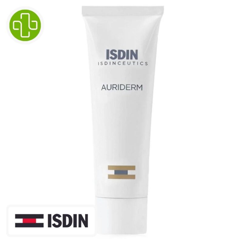 Produit de la marque isdin isdinceutics auriderm crème post-acte intervention - 50ml sur un fond blanc avec un logo parachezvous et celui de la marque isdin