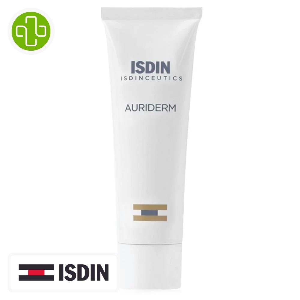 Produit de la marque isdin isdinceutics auriderm crème post-acte intervention - 50ml sur un fond blanc avec un logo parachezvous et celui de la marque isdin