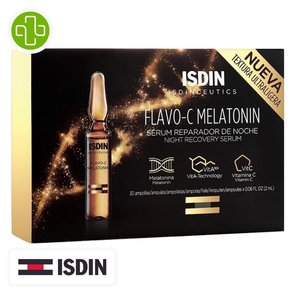 Produit de la marque isdin isdinceutics flavo-c melatonin sérum de nuit - 30 ampoules sur un fond blanc avec un logo parachezvous et celui de la marque isdin