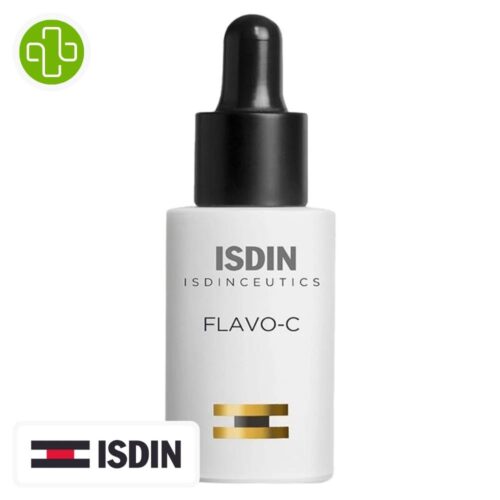 Produit de la marque Isdin Isdinceutics Flavo-C Sérum Anti-Âge - 30ml sur un fond blanc avec un logo Parachezvous et celui de la marque ISDIN