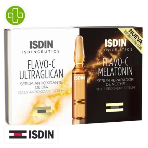 Produit de la marque Isdin Isdinceutics Flavo-C Ultraglican & Melatonin Sérum Anti-Âge - 20 Ampoules sur un fond blanc avec un logo Parachezvous et celui de la marque ISDIN