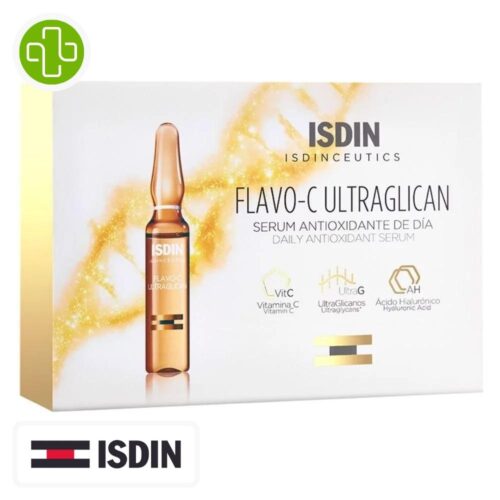 Produit de la marque Isdin Isdinceutics Flavo-C Ultraglican Sérum Anti-Oxydant de Jour - 30 Ampoules sur un fond blanc avec un logo Parachezvous et celui de la marque ISDIN