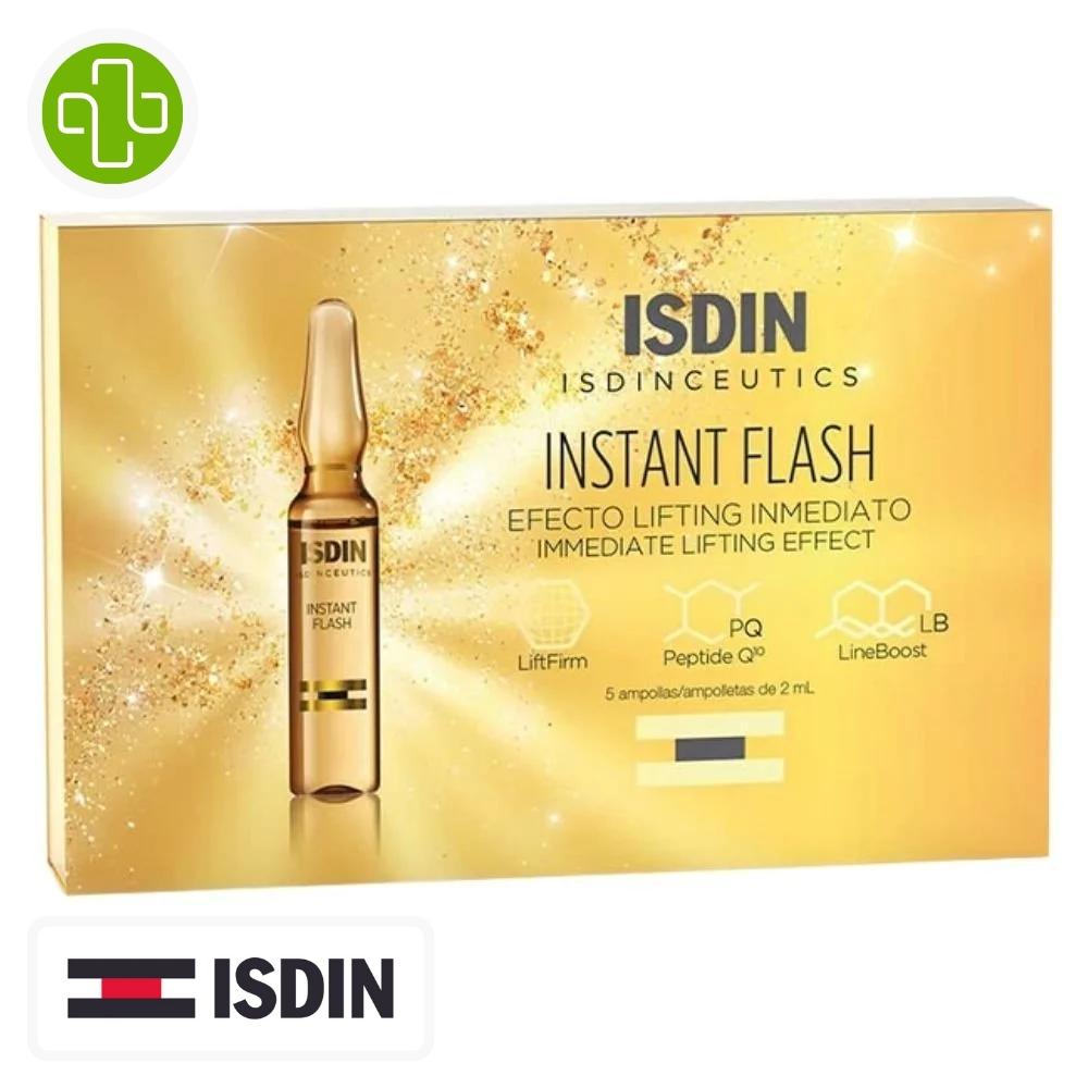 Produit de la marque isdin isdinceutics instant flash éclat instantané - 5 ampoules sur un fond blanc avec un logo parachezvous et celui de la marque isdin