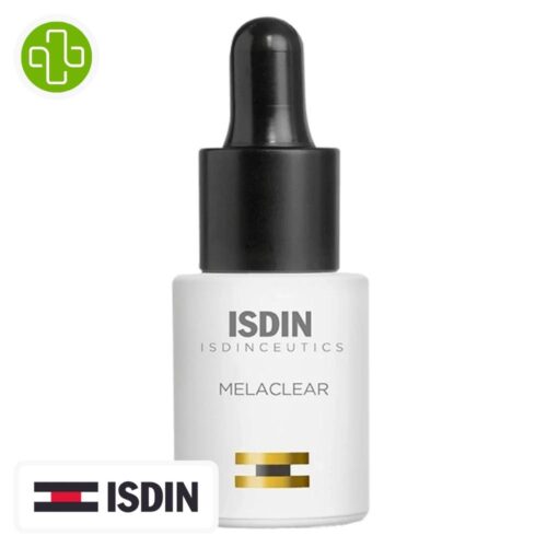 Produit de la marque Isdin Isdinceutics Melaclear Sérum Anti-Taches - 15ml sur un fond blanc avec un logo Parachezvous et celui de la marque ISDIN