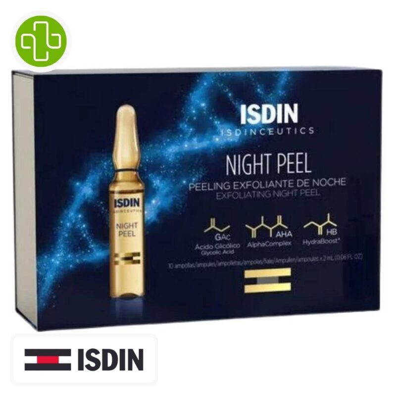 Produit de la marque isdin isdinceutics night peel peeling exfoliant de nuit - 30 ampoules sur un fond blanc avec un logo parachezvous et celui de la marque isdin