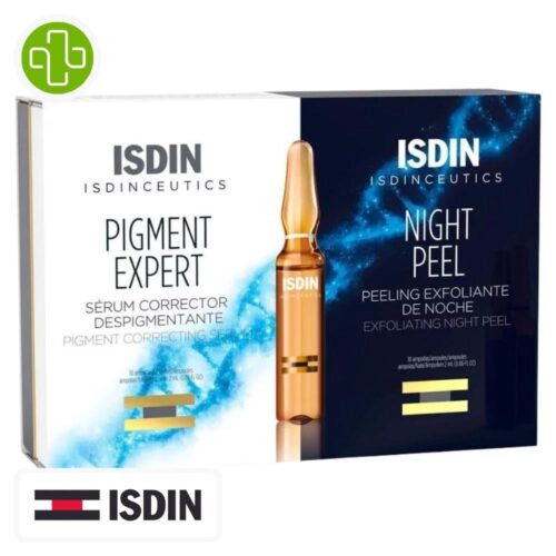 Produit de la marque Isdin Isdinceutics Night Peel & Pigment Expert Sérum Anti-Taches - 20 Ampoules sur un fond blanc avec un logo Parachezvous et celui de la marque ISDIN