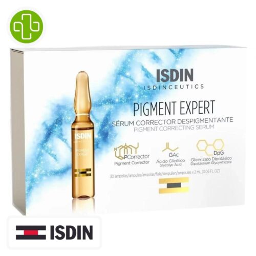 Produit de la marque Isdin Isdinceutics Pigment Expert Sérum Dépigmentant - 30 Ampoules sur un fond blanc avec un logo Parachezvous et celui de la marque ISDIN
