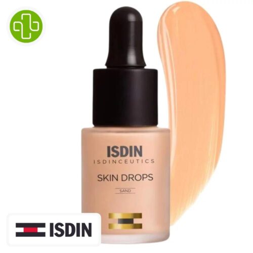 Produit de la marque Isdin Isdinceutics Skin Drops Sand Fond de Teint Spf15 - 15ml sur un fond blanc avec un logo Parachezvous et celui de la marque ISDIN