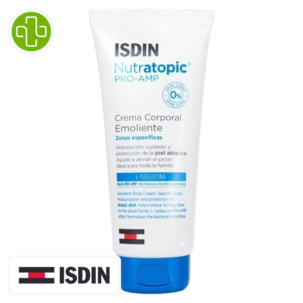 Produit de la marque isdin nutratopic crème corporelle émolliente hydratante - 200ml sur un fond blanc avec un logo parachezvous et celui de la marque isdin