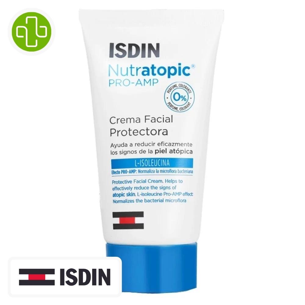 Produit de la marque isdin nutratopic crème visage hydratante protectrice - 50ml sur un fond blanc avec un logo parachezvous et celui de la marque isdin