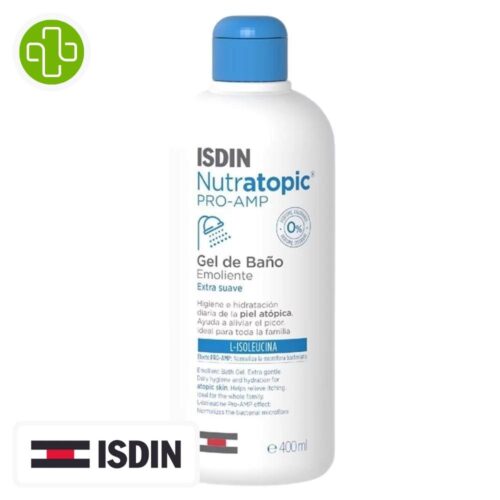 Produit de la marque Isdin Nutratopic Gel de Bain Émollient - 400ml sur un fond blanc avec un logo Parachezvous et celui de la marque ISDIN