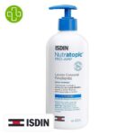 Produit de la marque Isdin Nutratopic Lotion Corporelle Émolliente Hydratante - 400ml sur un fond blanc avec un logo Parachezvous et celui de la marque ISDIN