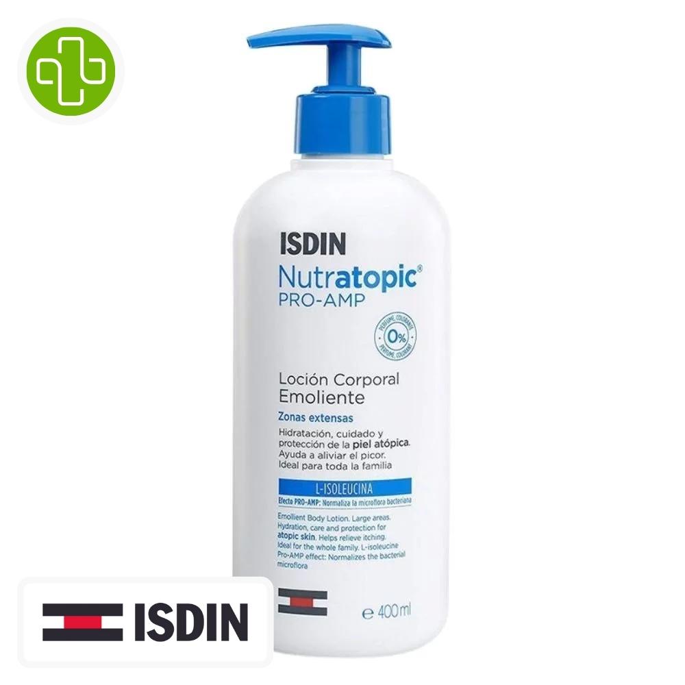 Produit de la marque isdin nutratopic lotion corporelle émolliente hydratante - 400ml sur un fond blanc avec un logo parachezvous et celui de la marque isdin