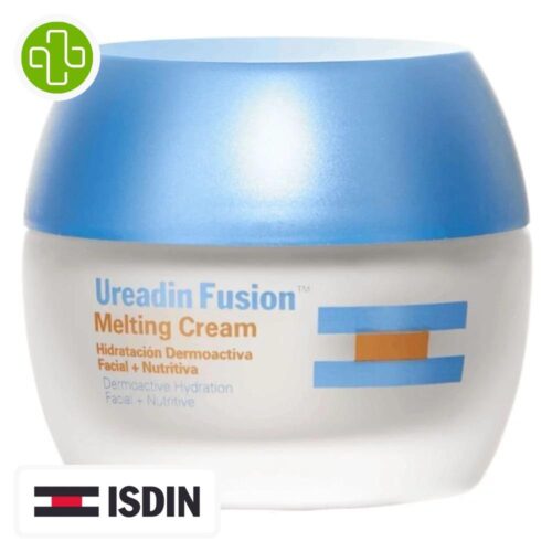 Produit de la marque Isdin Ureadin Fusion Crème Fondante Hydratante - 50ml sur un fond blanc avec un logo Parachezvous et celui de la marque ISDIN