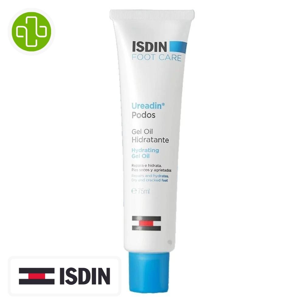 Produit de la marque isdin ureadin pieds gel-huile hydratant - 75ml sur un fond blanc avec un logo parachezvous et celui de la marque isdin