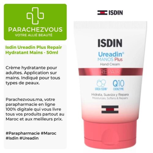 Produit de la marque Isdin Ureadin Plus Repair Hydratant Mains - 50ml sur un fond blanc, vert et gris avec un logo Parachezvous et celui de la marque ISDIN ainsi qu'une description qui détail les informations du produit