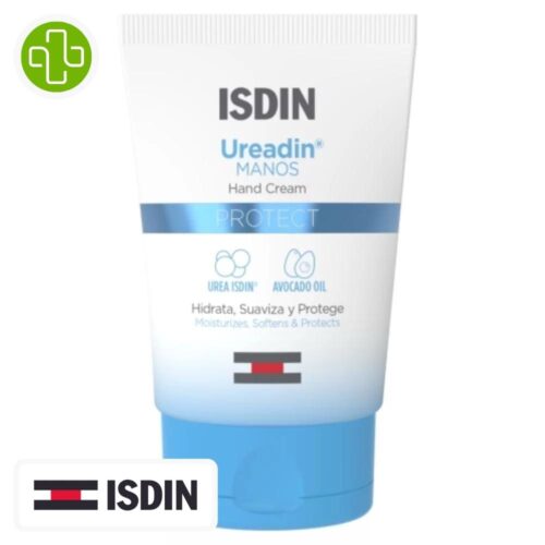 Produit de la marque Isdin Ureadin Protect Hydratant Mains Spf10 - 50ml sur un fond blanc avec un logo Parachezvous et celui de la marque ISDIN