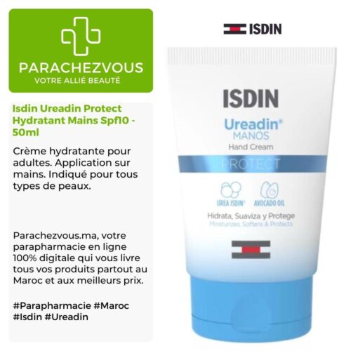 Produit de la marque Isdin Ureadin Protect Hydratant Mains Spf10 - 50ml sur un fond blanc, vert et gris avec un logo Parachezvous et celui de la marque ISDIN ainsi qu'une description qui détail les informations du produit
