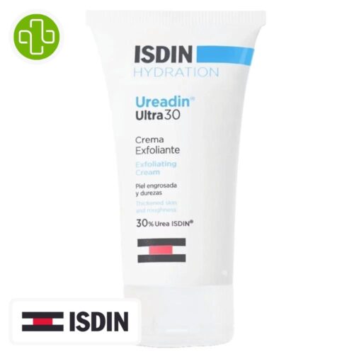 Produit de la marque Isdin Ureadin Ultra 30 Crème Exfoliante - 50ml sur un fond blanc avec un logo Parachezvous et celui de la marque ISDIN